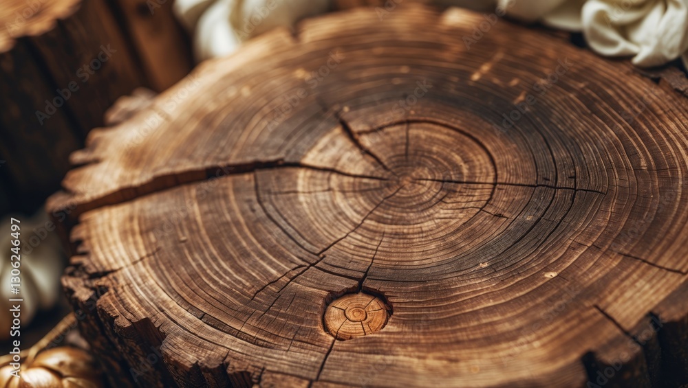 Poster tree rings and the cross-section of a sliced log display a weathered and aged wood appearance.