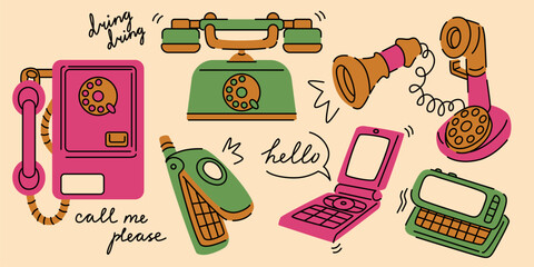 Vintage phone cartoon collection with rotary payphone, landline, flip mobile device and retro receiver. Old school communication equipment with text bubbles. Nostalgic telecommunication illustration.