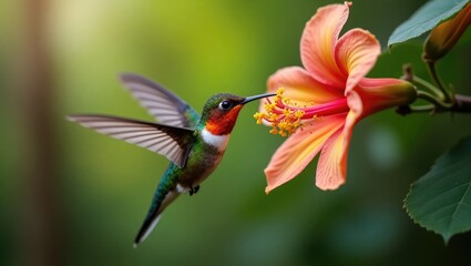 Volcano Hummingbird - Selasphorus flammula, a tiny hummingbird found solely in the mountainous regions of Costa Rica and Chiriqui, Panama, hovering and sipping nectar from a beautiful flower.