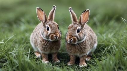 Fototapeta premium Pair of rabbits on lush green grass