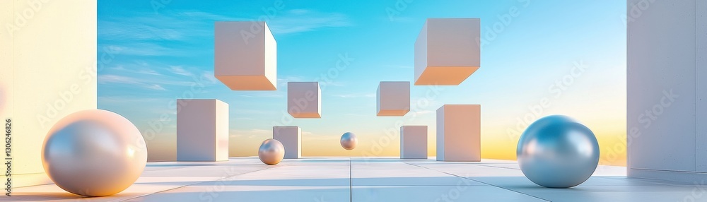 Poster a surreal landscape featuring floating cubes and reflective spheres under a vibrant sky, creating a 