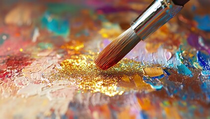 Fototapeta premium Close-up of paintbrush adding gold glitter to colorful palette.