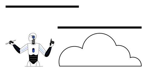 Humanoid robot holding stylus with futuristic design, cloud icon below horizontal lines. Ideal for technology, AI, cloud computing, innovation, robotics, data analysis automation concepts. Flat