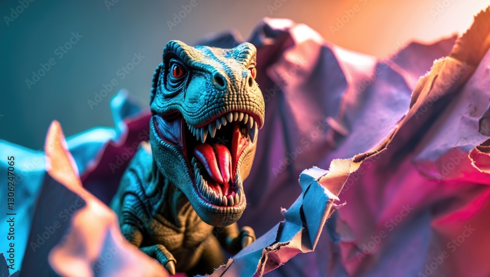 Aufkleber Intense look at an enraged T-Rex dinosaur model emerging from shredded paper. Fearsome creature with gaping jaws and pointed teeth.