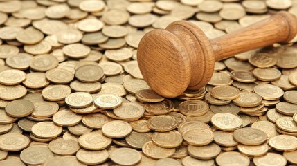 Wooden Gavel Lies on Pile of Glimmering Gold Coins in Connotation