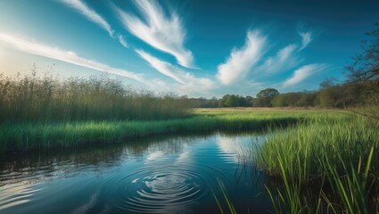 Obraz premium A tranquil pond surrounded by wild grassland and vibrant clouds in a blue sky.
