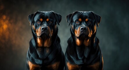 Fototapeta premium Two rottweilers posed in a studio setting.