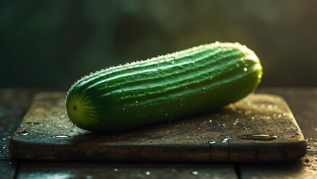 Green hybrid cucumber on wooden surface, cucumis sativus, suitable for salads, healthy culinary vegetable.