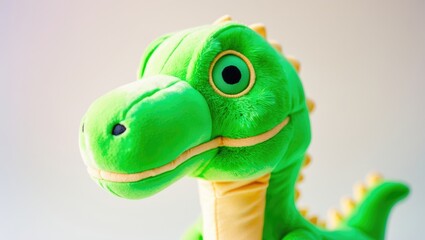 Naklejka premium Close-up view of a green dinosaur stuffed toy against a white backdrop.