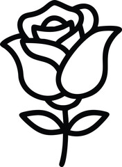 Black and white illustration, minimalist rose design, bold outlines, stylized flower, single stem, two leaves, iconic floral symbol, graphic art, simplified shapes, vector-style drawing, clean lines, 