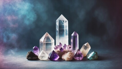Gemstones for wellness, divination, and astrology set against a dark backdrop. A theme of mysticism and personal development.
