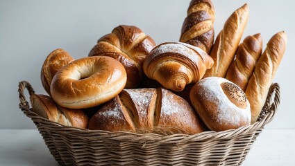 Varieties of bread arranged in a rustic basket against a light background, featuring a bagel, croissant, sweet roll, baguette, and various bread rolls.