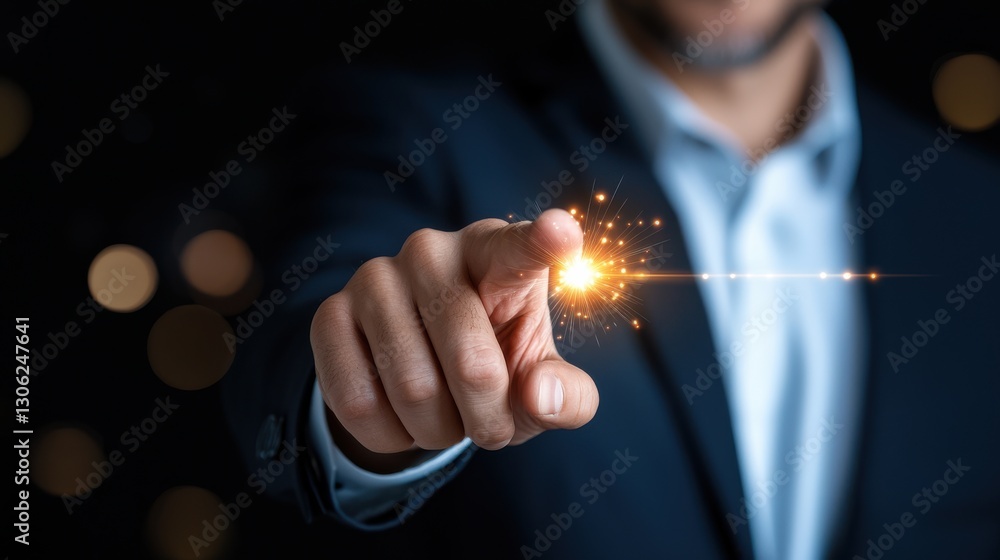 Poster determined business leader igniting an innovative spark with a powerful hand gesture representing cr