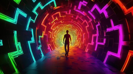 A lone person walks into a vibrant glowing geometric tunnel