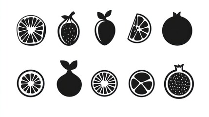 Fruit slices graphic icons set, various types, isolated on white