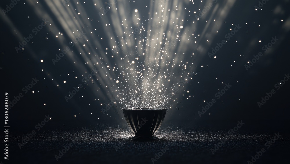 Poster a dark background highlights a bowl emitting radiant beams of light and sparkling particles, creatin