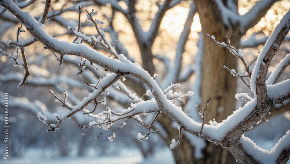Poster detailed view of frosty snow on bare tree branches during a chilly winter day. focused insight into 