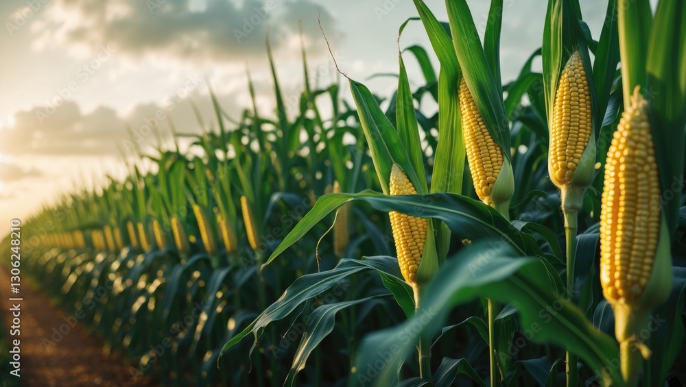Poster detailed view of a cornfield. focused perspective. lush green cornfields during the summertime harve