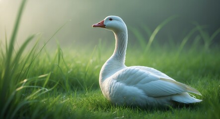 Obraz premium Domestic white goose resting on lush green grass