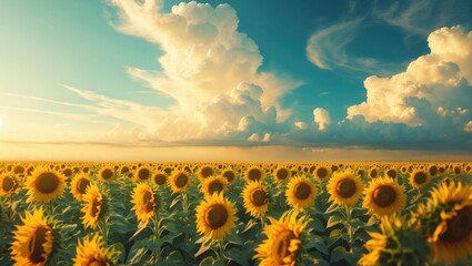 Fototapeta premium a vibrant sunflower meadow under a bright sky adorned with clouds in the background
