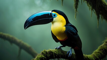 Fototapeta premium a toucan featuring a prominent black bill, blue accents by its eyes, a yellow and white chest, and a dark back
