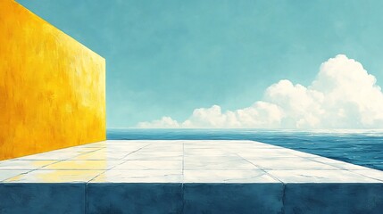 Obraz premium Serene yellow wall reflects bright sunlight on tranquil ocean view. AI Generated