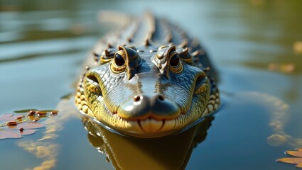 Fototapeta premium detailed view of a small alligator swimming in water during the daytime.