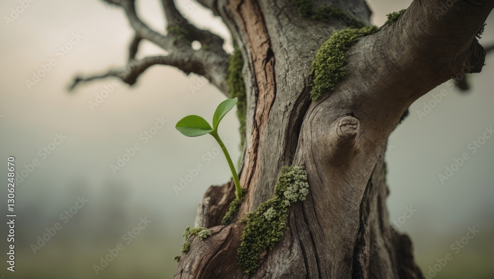 Poster idea of rejuvenation seen through new shoots emerging from aged trees. represents new beginnings or 