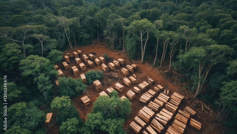 Poster Aerial view depicting tree removal and environmental harm. Unlawful logging and forest degradation seen in the area. Trees taken down and logs organized in piles. Illegal deforestation and its impa...