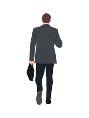 Businessman character walking back view with briefcase. Handsome man wearing formal suit rear view. Vector realistic illustration isolated 