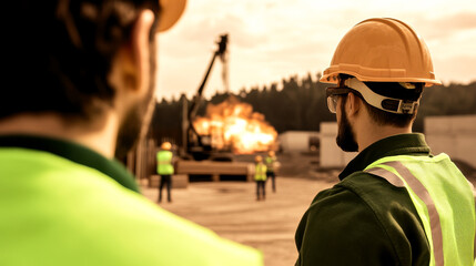 Two workers in hard hats and safety vests observe a construction site with machinery and a backdrop of trees at sunset.