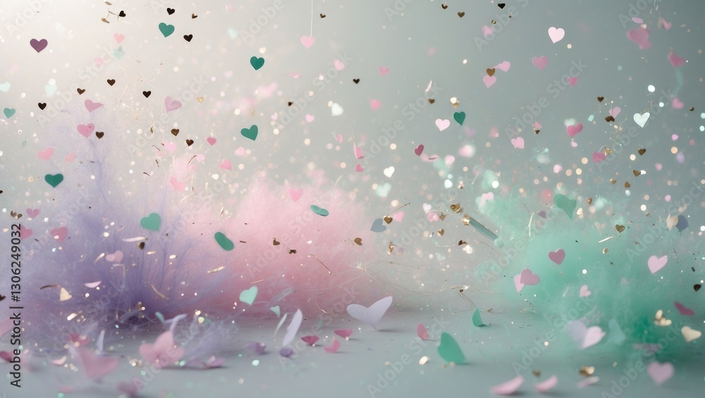 Poster charming heart-shaped confetti with sparkling pastel colors in an abstract seamless background