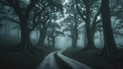 a twisting path meandering through a woodland with towering trees on either side.