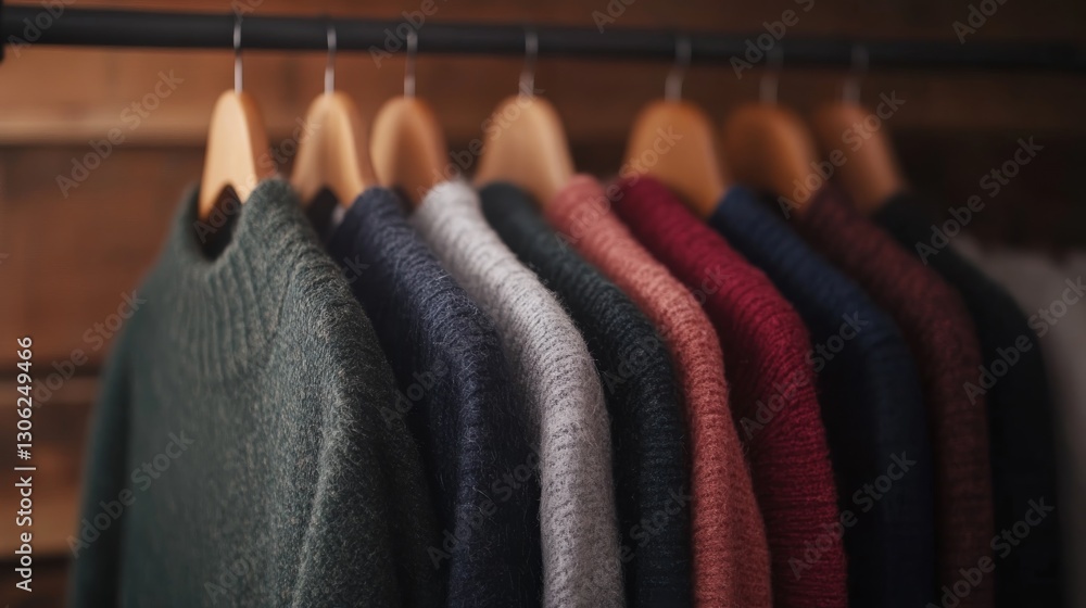 Poster a neat row of cozy winter coats in various vibrant colors hangs on a wooden rack, illuminated by sof