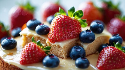 detailed view of a berry cake featuring strawberries and blueberries