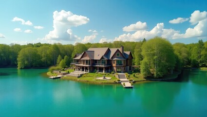 Obraz premium bird's-eye perspective of a stunning lake, surrounded by woods, featuring a house in the middle.