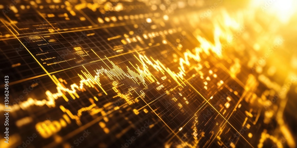 Poster golden digital waveform representing sound data in a modern audio production environment