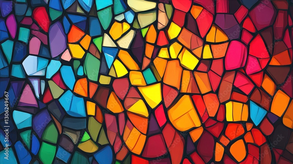 Poster a vibrant mosaic pattern featuring an array of colorful geometric shapes, blending hues of red, blue