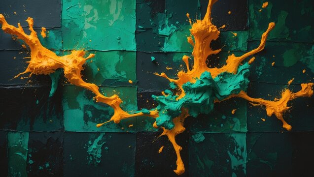 vivid mosaic wallpaper featuring abstract art. energetic paint splashes with dynamic brushwork on a textured background. green canvas with tie-dye effects. innovative and creative art style. whimsi...