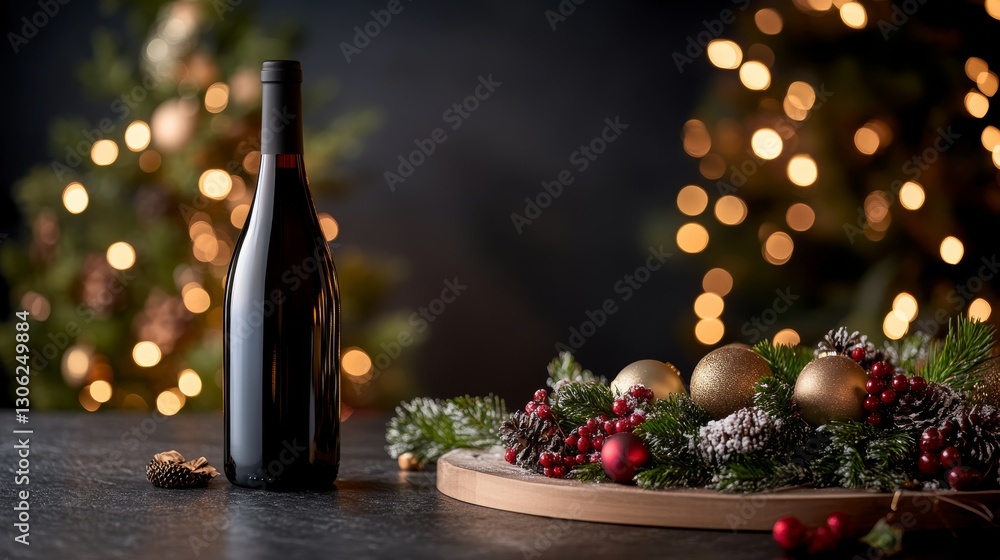 Poster sleek wine bottle with dark red hue is thoughtfully arranged with modern holiday accents on a deep b