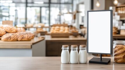 Cozy Modern Bakery Interior with Fresh Breads and Milk on a Wooden Table, Featuring a Clean and Inviting Atmosphere for Customers. Blank advertising mockup board for advertisement at the bakery shop. 