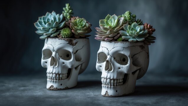 Skull-shaped white planters crafted from plaster and concrete, adorned with succulents. An artistic Halloween-inspired floral arrangement. Minimalist fashion art. Selective emphasis.