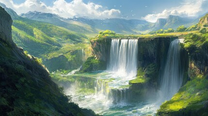 Fototapeta premium A majestic dam in a remote, rugged landscape, with water flowing rapidly through the spillways, surrounded by green mountains