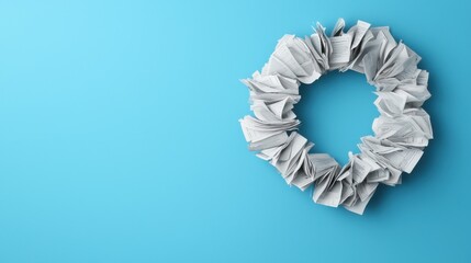 Elegant modern geometric paper wreath in minimalist blue studio backdrop  3D rendering of a stylized origami inspired circular for holiday Christmas or new year