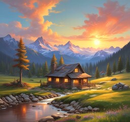 Obraz premium Wild landscape with stunning view and woden cottage.