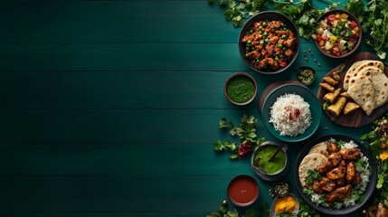 A vibrant assortment of Indian dishes, including butter chicken, naan, basmati rice, and samosas, is beautifully arranged on a wooden table with fresh herbs