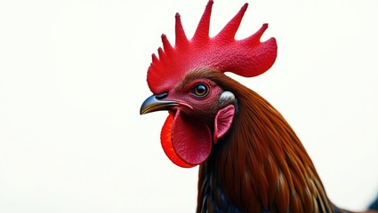 detailed view of a rooster's head featuring a vibrant red comb against a light background