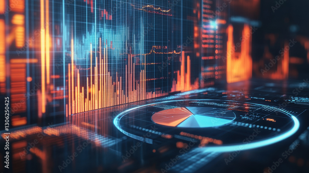 Poster abstract digital financial chart and pie graph on a futuristic background with a blue glow