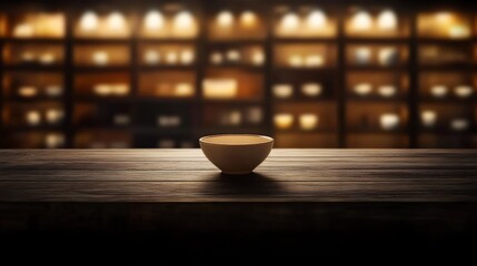 A rustic wooden table showcases a single ceramic bowl with a minimalist design, illuminated by soft light and set against a blurred backdrop of shelves