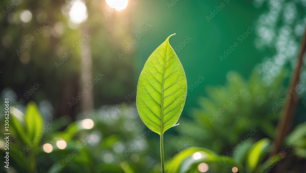 Poster artistic image of a green leaf illuminated by sunlight in a garden with a soft-focus green backdrop,